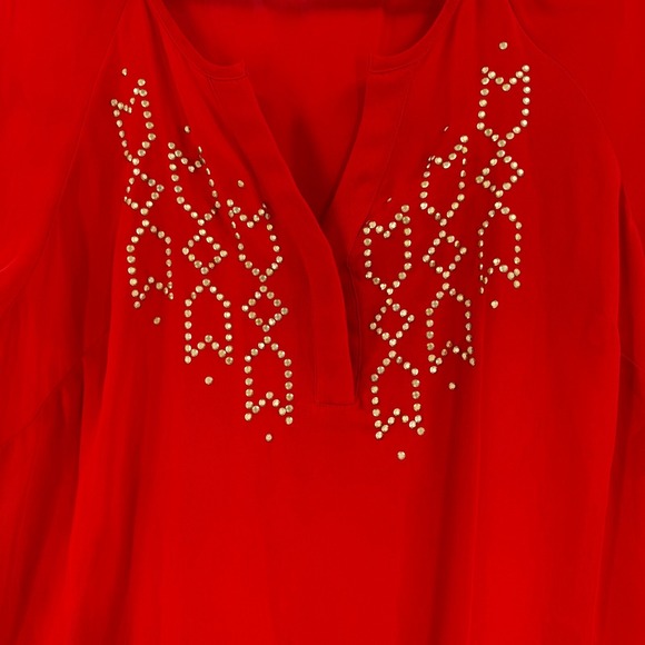 a.n.a. Women's Sheer Tie Drop Waist Blouse Size XL Red Studded V-Neck Breazy - Picture 3 of 8